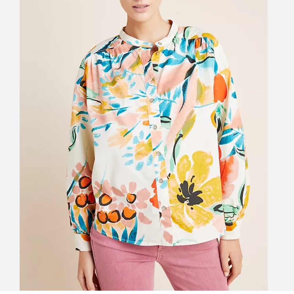 Anthropologie Crisanta Poplin Cotton Banded Collar Button Up Top